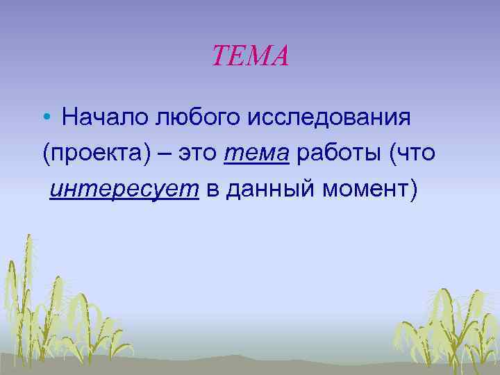 ТЕМА • Начало любого исследования (проекта) – это тема работы (что интересует в данный