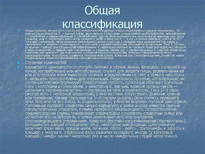 n n n Общая классификация Клещи (Acarina), мелкие (от 0, 1 до 30 мм)