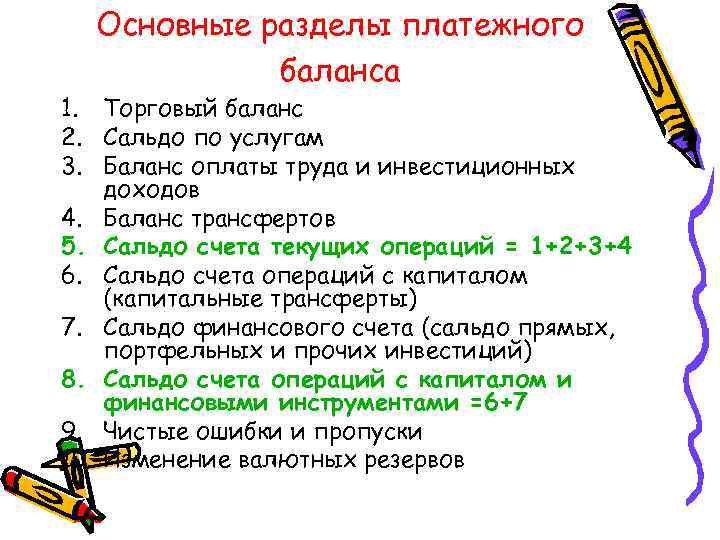 Основные разделы платежного баланса 1. Торговый баланс 2. Сальдо по услугам 3. Баланс оплаты
