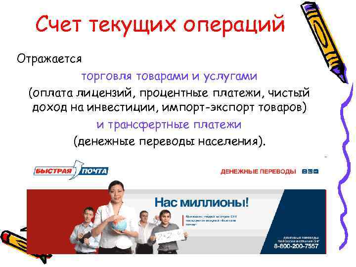 Счет текущих операций Отражается торговля товарами и услугами (оплата лицензий, процентные платежи, чистый доход