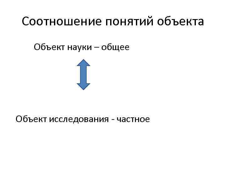 Соотношение понятий объекта Объект науки – общее Объект исследования - частное 