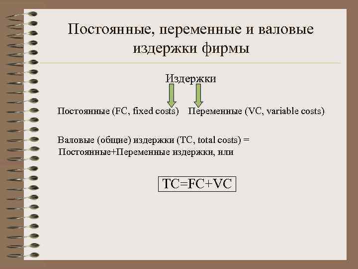 Постоянные, переменные и валовые издержки фирмы Издержки Постоянные (FC, fixed costs) Переменные (VC, variable