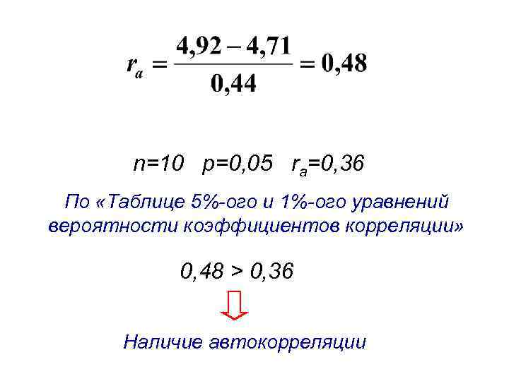 n=10 p=0, 05 ra=0, 36 По «Таблице 5%-ого и 1%-ого уравнений вероятности коэффициентов корреляции»