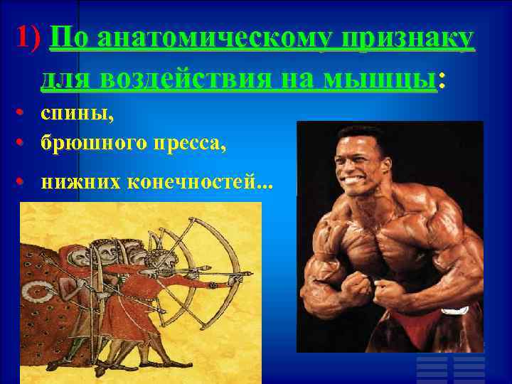 1) По анатомическому признаку для воздействия на мышцы: • спины, • брюшного пресса, •