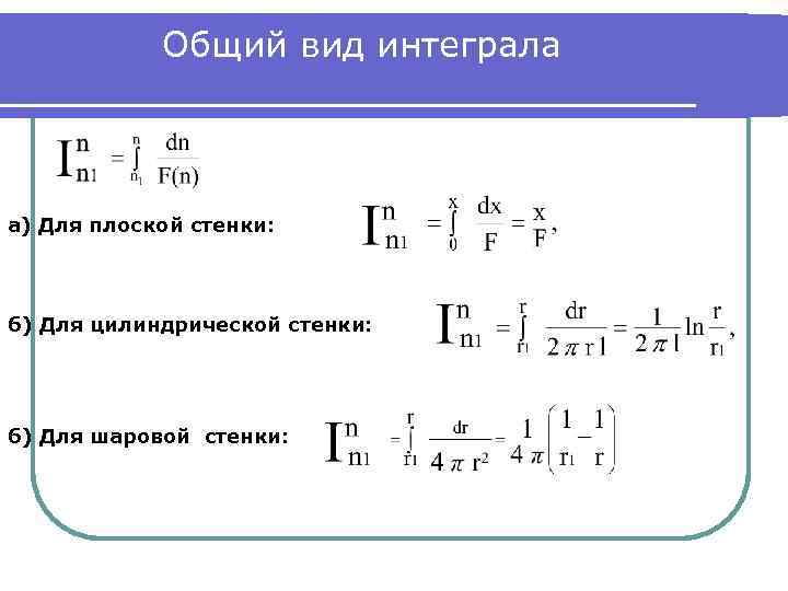 Общий вид интеграла а) Для плоской стенки: б) Для цилиндрической стенки: б) Для шаровой