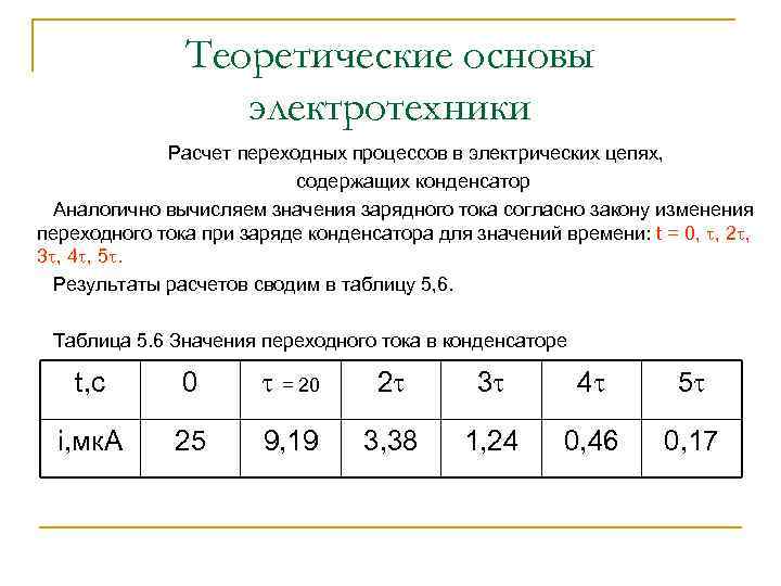 Теоретические основы электротехники Расчет переходных процессов в электрических цепях, содержащих конденсатор Аналогично вычисляем значения