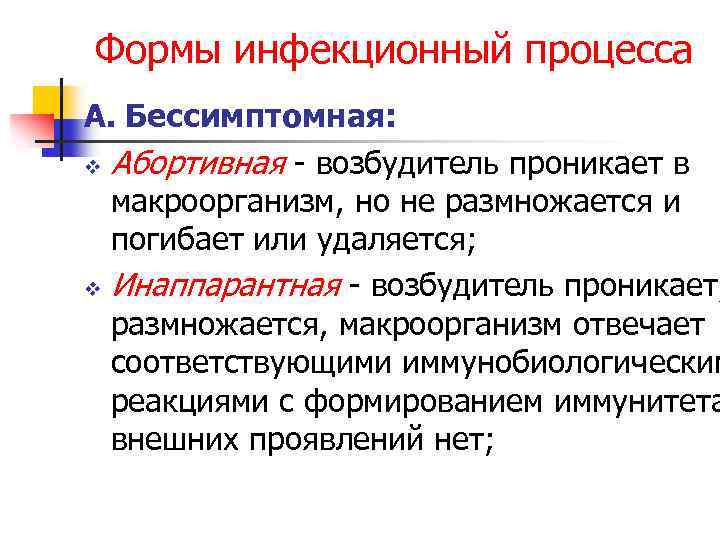 Формы инфекционный процесса А. Бессимптомная: v Абортивная - возбудитель проникает в макроорганизм, но не