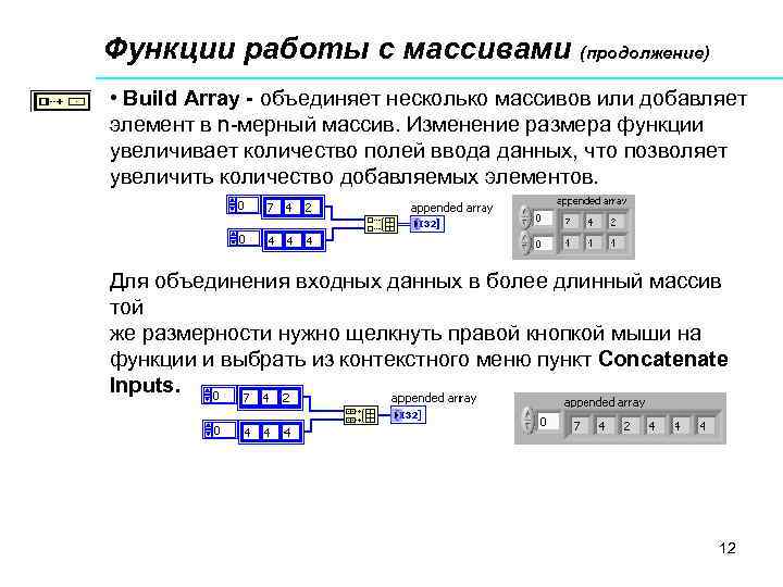 Функции работы с массивами (продолжение) • Build Array - объединяет несколько массивов или добавляет