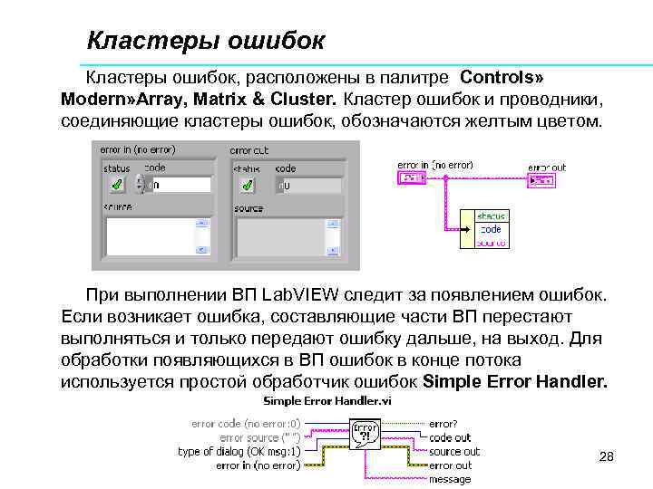 Кластеры ошибок, расположены в палитре Controls» Modern» Array, Matrix & Cluster. Кластер ошибок и