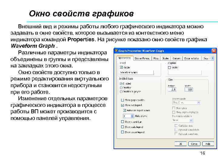 Окно свойств графиков Внешний вид и режимы работы любого графического индикатора можно задавать в