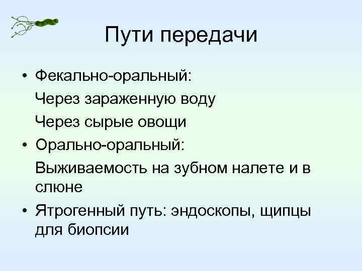 Пути передачи • Фекально-оральный: Через зараженную воду Через сырые овощи • Орально-оральный: Выживаемость на