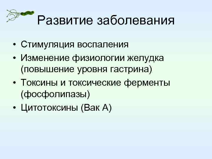 Развитие заболевания • Стимуляция воспаления • Изменение физиологии желудка (повышение уровня гастрина) • Токсины