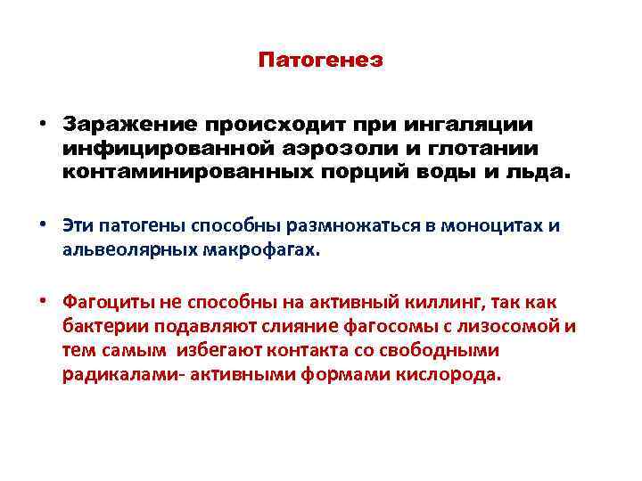 Патогенез • Заражение происходит при ингаляции инфицированной аэрозоли и глотании контаминированных порций воды и