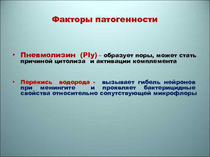 Факторы патогенности • Пневмолизин (Ply) – образует поры, может стать причиной цитолиза и активации