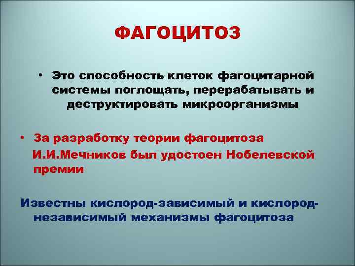 ФАГОЦИТОЗ • Это способность клеток фагоцитарной системы поглощать, перерабатывать и деструктировать микроорганизмы • За