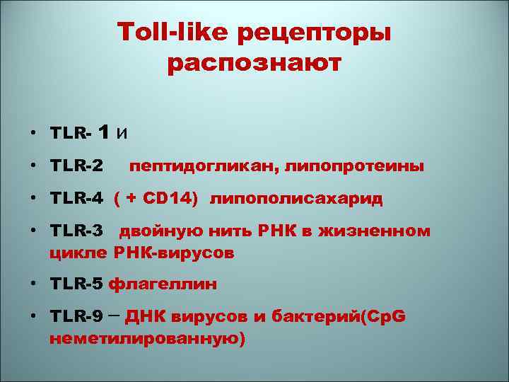 Toll-like рецепторы распознают • TLR- 1 и • TLR-2 пептидогликан, липопротеины • TLR-4 (