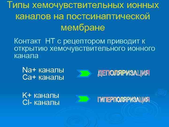 Типы хемочувствительных ионных каналов на постсинаптической мембране Контакт НТ с рецептором приводит к открытию