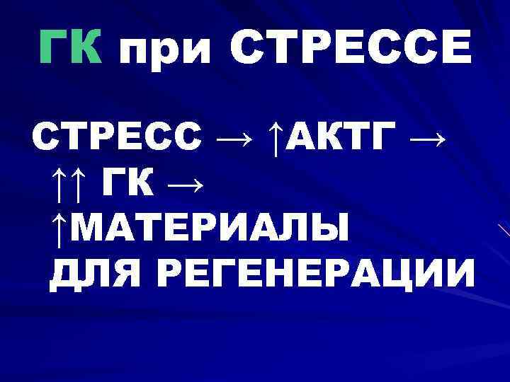ГК при СТРЕССЕ СТРЕСС → ↑АКТГ → ↑↑ ГК → ↑МАТЕРИАЛЫ ДЛЯ РЕГЕНЕРАЦИИ 