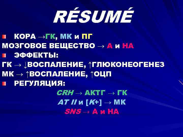 RÉSUMÉ КОРА →ГК, МК и ПГ МОЗГОВОЕ ВЕЩЕСТВО → А и НА ЭФФЕКТЫ: ГК