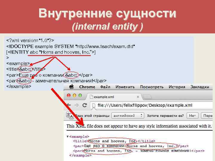 Внутренние сущности (internal entity ) <? xml version="1. 0"? > <!DOCTYPE example SYSTEM "http: