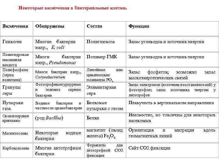 Некоторые включения в бактериальные клетки. Включения Обнаружены Состав Гликоген Многие бактерии Полиглюкоза напр. ,