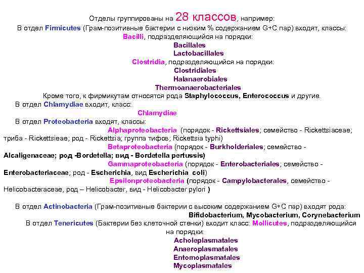 28 классов Отделы группированы на , например: В отдел Firmicutes (Грам-позитивные бактерии с низким