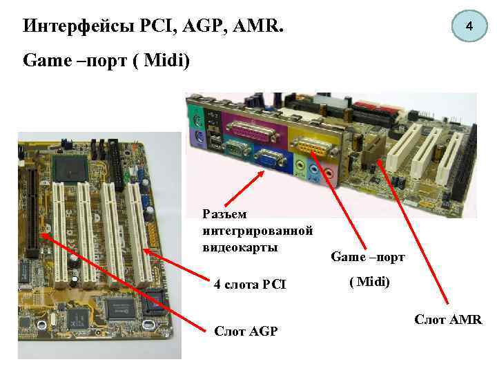 Интерфейсы PCI, AGP, AMR. 4 Game –порт ( Midi) Разъем интегрированной видеокарты 4 cлота
