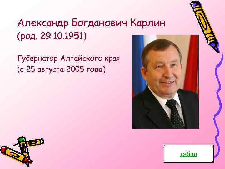 Александр Богданович Карлин (род. 29. 10. 1951) Губернатор Алтайского края (с 25 августа 2005