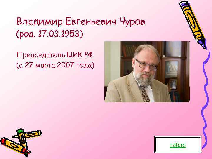 Владимир Евгеньевич Чуров (род. 17. 03. 1953) Председатель ЦИК РФ (с 27 марта 2007