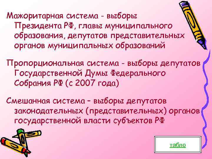 Мажоритарная система - выборы Президента РФ, главы муниципального образования, депутатов представительных органов муниципальных образований