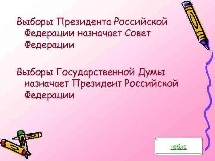 Выборы Президента Российской Федерации назначает Совет Федерации Выборы Государственной Думы назначает Президент Российской Федерации