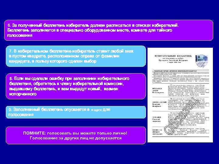 6. За полученный бюллетень избиратель должен расписаться в списках избирателей. Бюллетень заполняется в специально