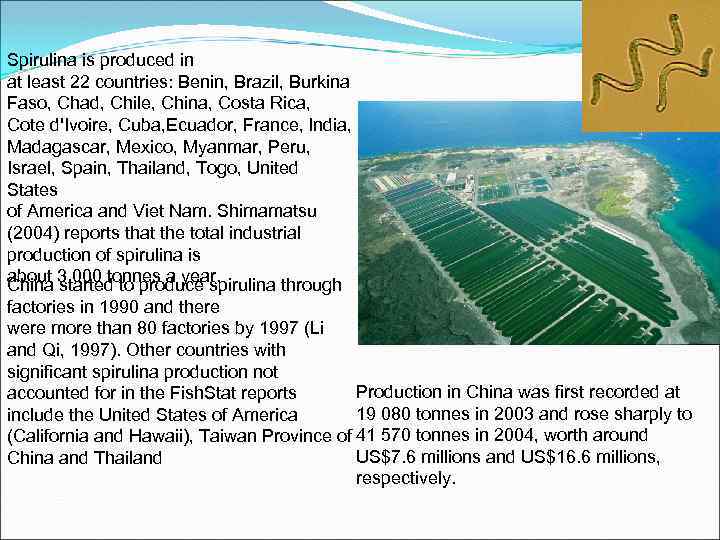 Spirulina is produced in at least 22 countries: Benin, Brazil, Burkina Faso, Chad, Chile,