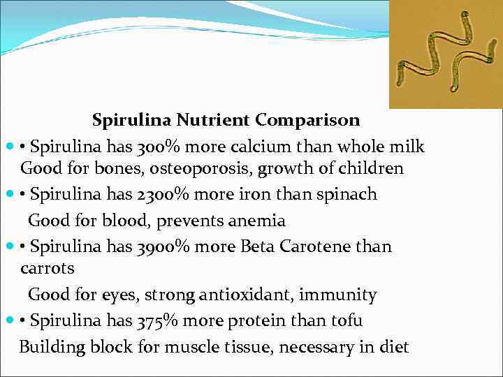 Spirulina Nutrient Comparison • Spirulina has 300% more calcium than whole milk Good for