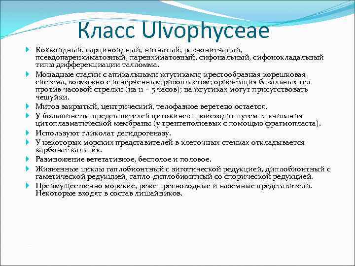 Класс Ulvophyceae Коккоидный, сарциноидный, нитчатый, разнонитчатый, псевдопаренхиматозный, сифональный, сифонокладальный типы дифференциации талломма. Монадные стадии