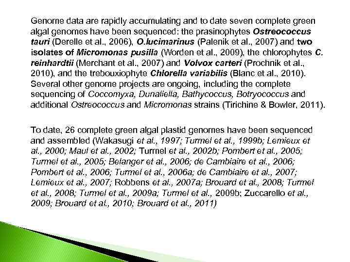 Genome data are rapidly accumulating and to date seven complete green algal genomes have