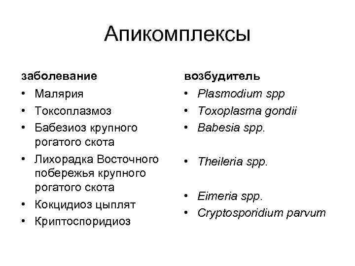 Апикомплексы заболевание возбудитель • Малярия • Токсоплазмоз • Бабезиоз крупного рогатого скота • Лихорадка