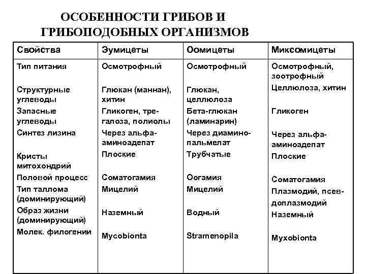 ОСОБЕННОСТИ ГРИБОВ И ГРИБОПОДОБНЫХ ОРГАНИЗМОВ Свойства Эумицеты Оомицеты Миксомицеты Тип питания Осмотрофный Структурные углеводы