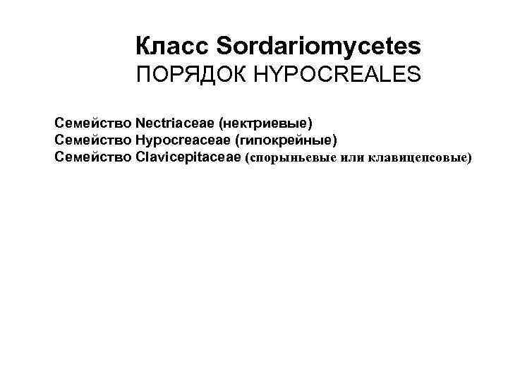 Класс Sordariomycetes ПОРЯДОК HYPOCREALES Семейство Nectriaceae (нектриевые) Семейство Hypocreaceae (гипокрейные) Семейство Clavicepitaceae (спорыньевые или