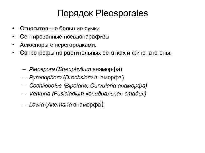 Порядок Pleosporales • • Относительно большие сумки Септированные псевдопарафизы Аскоспоры с перегородками. Сапротрофы на
