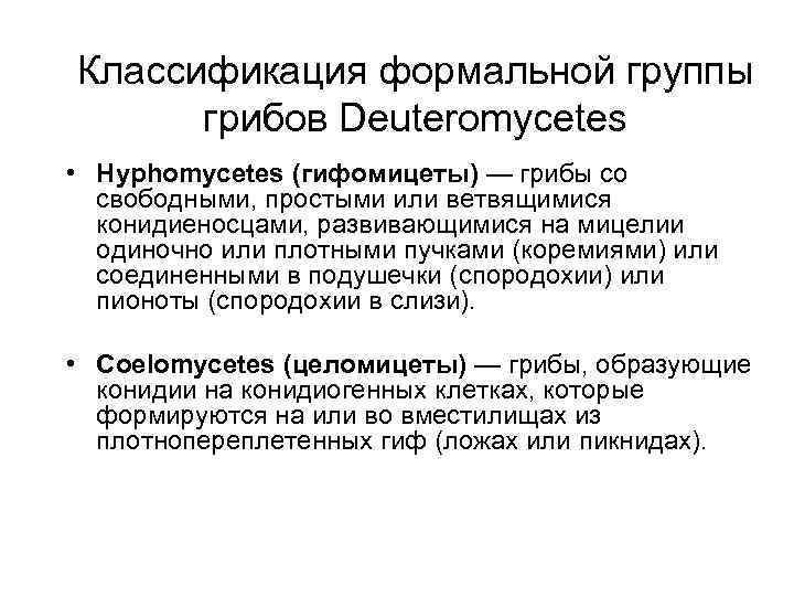 Классификация формальной группы грибов Deuteromycetes • Hyphomycetes (гифомицеты) — грибы со свободными, простыми или