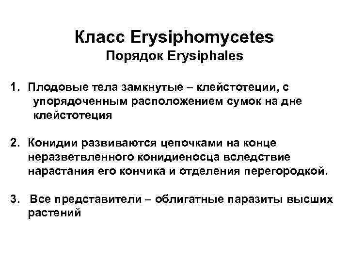 Класс Erysiphomycetes Порядок Erysiphales 1. Плодовые тела замкнутые – клейстотеции, с упорядоченным расположением сумок