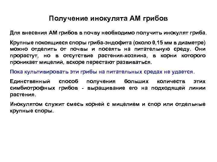 Получение инокулята АМ грибов Для внесения АМ грибов в почву необходимо получить инокулят гриба.