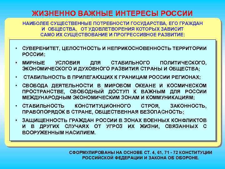 ЖИЗНЕННО ВАЖНЫЕ ИНТЕРЕСЫ РОССИИ НАИБОЛЕЕ СУЩЕСТВЕННЫЕ ПОТРЕБНОСТИ ГОСУДАРСТВА, ЕГО ГРАЖДАН И ОБЩЕСТВА, ОТ УДОВЛЕТВОРЕНИЯ