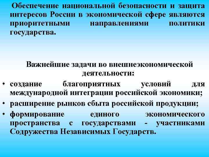 Обеспечение национальной безопасности и защита интересов России в экономической сфере являются приоритетными направлениями политики