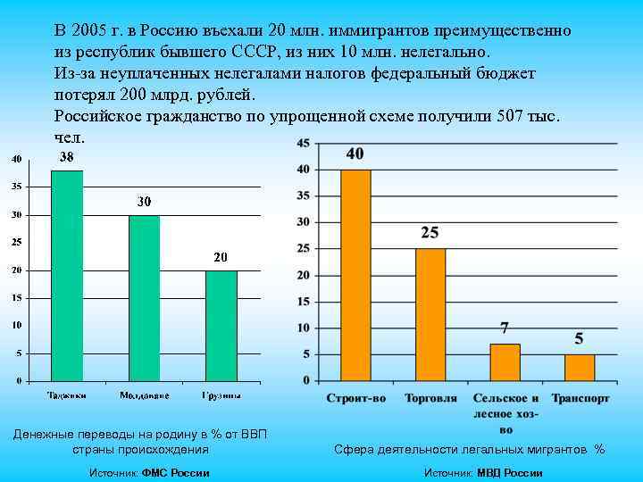 В 2005 г. в Россию въехали 20 млн. иммигрантов преимущественно из республик бывшего СССР,