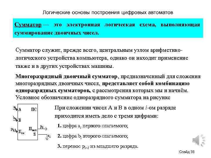 Сумматор — это электронная логическая схема, выполняющая суммирование двоичных чисел. Сумматор служит, прежде всего,