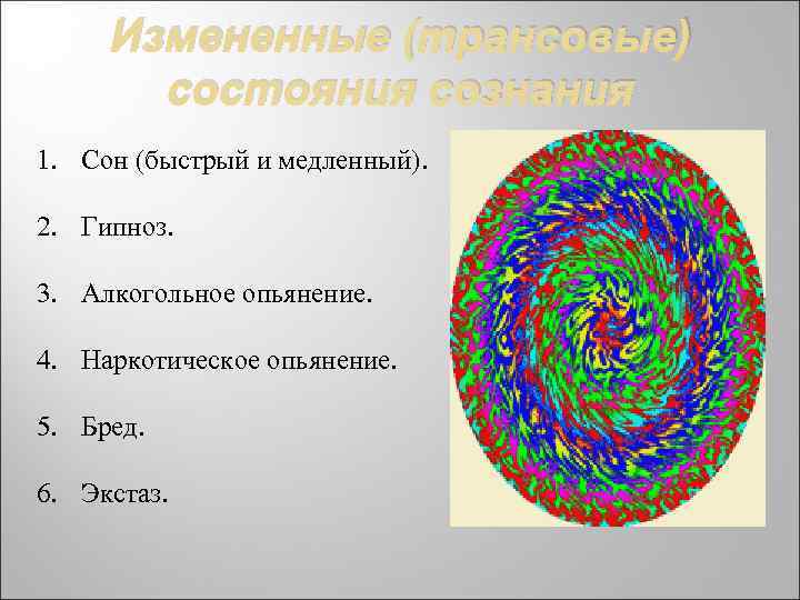 Измененные (трансовые) состояния сознания 1. Сон (быстрый и медленный). 2. Гипноз. 3. Алкогольное опьянение.