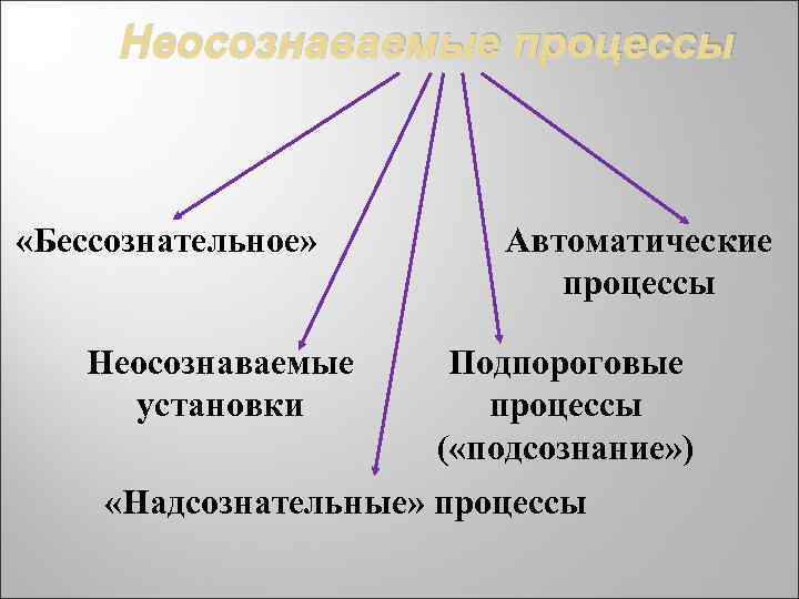 Неосознаваемые процессы «Бессознательное» Неосознаваемые установки Автоматические процессы Подпороговые процессы ( «подсознание» ) «Надсознательные» процессы