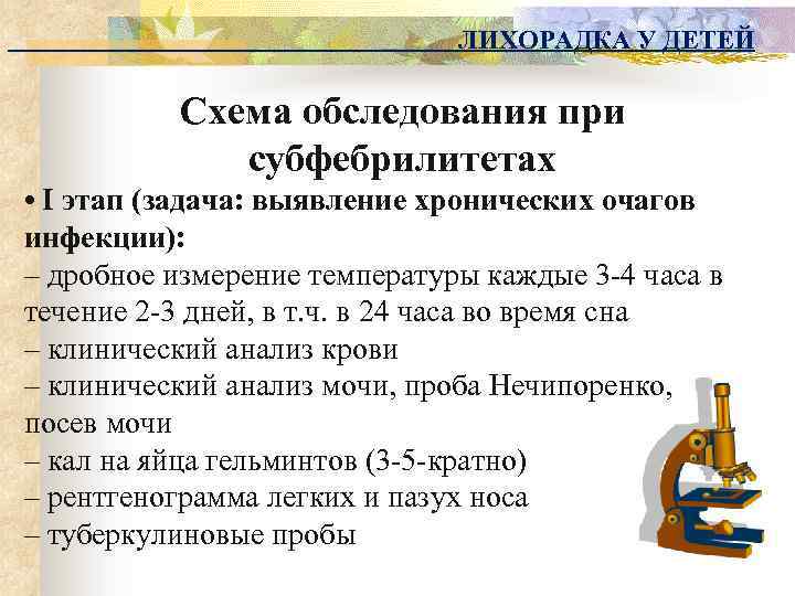 ЛИХОРАДКА У ДЕТЕЙ Схема обследования при субфебрилитетах • I этап (задача: выявление хронических очагов